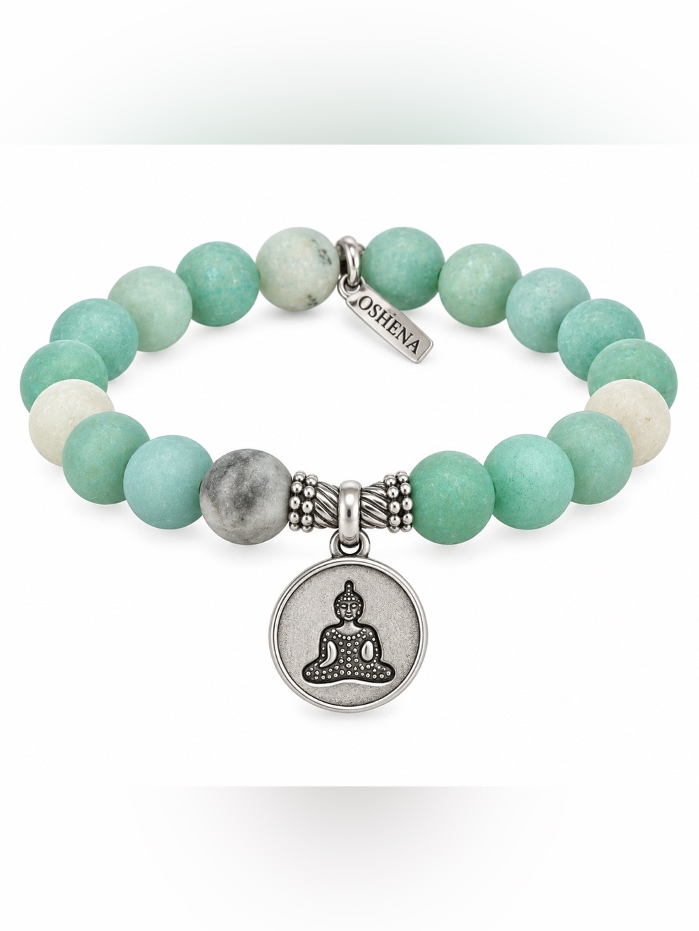 Oshena Beachwear Amazonite‎ Beaded Bracelet with Buddha Charm FREE Jewelry BOX